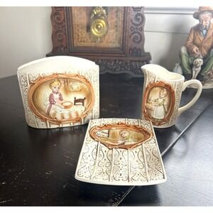 Vintage 1978 Sears Pioneer Woman Creamer Napkin Holder Soap Dish Set